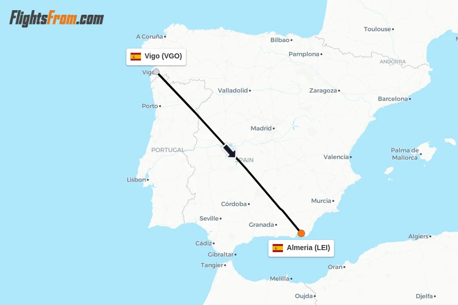 Flights from Vigo to Almeria route map