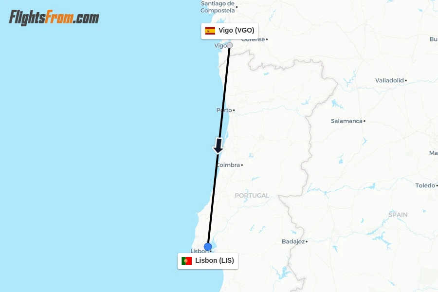 Flights from Vigo to Lisbon route map