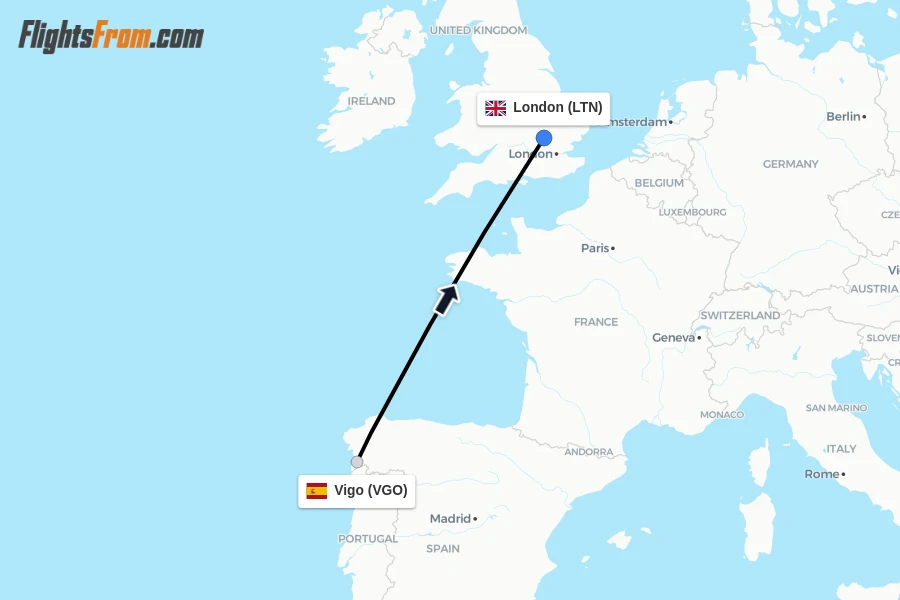 Flights from Vigo to London route map