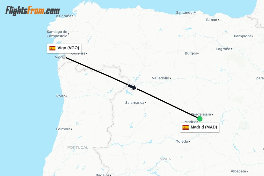 Flights from Vigo to Madrid route map