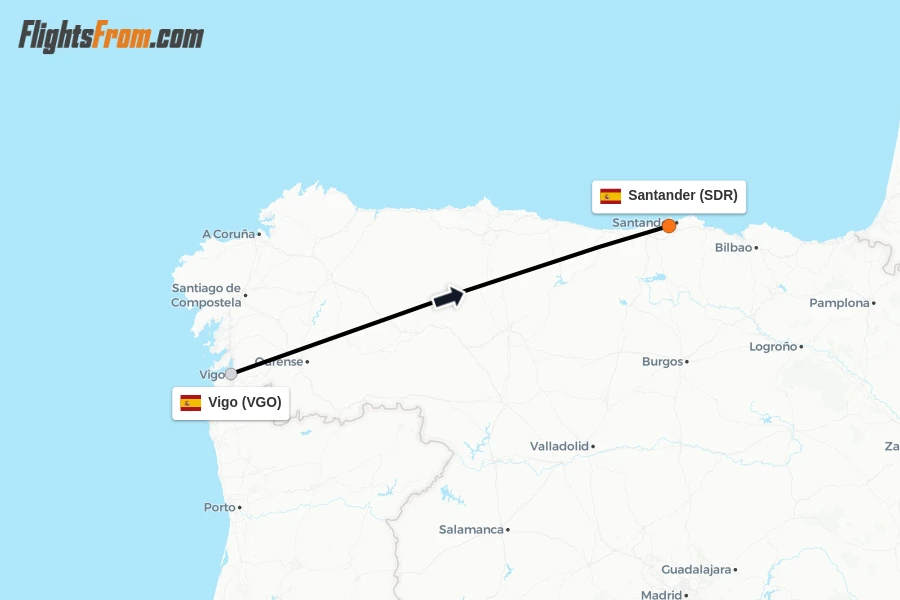 Flights from Vigo to Santander route map