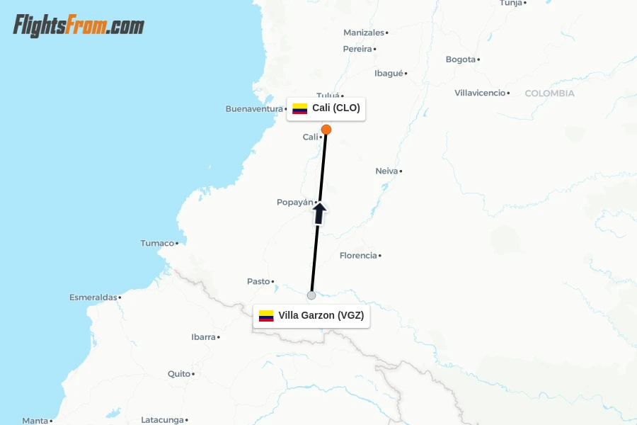 Flights from Villa Garzon to Cali route map