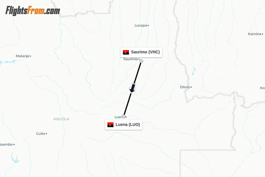Flights from Saurimo to Luena route map