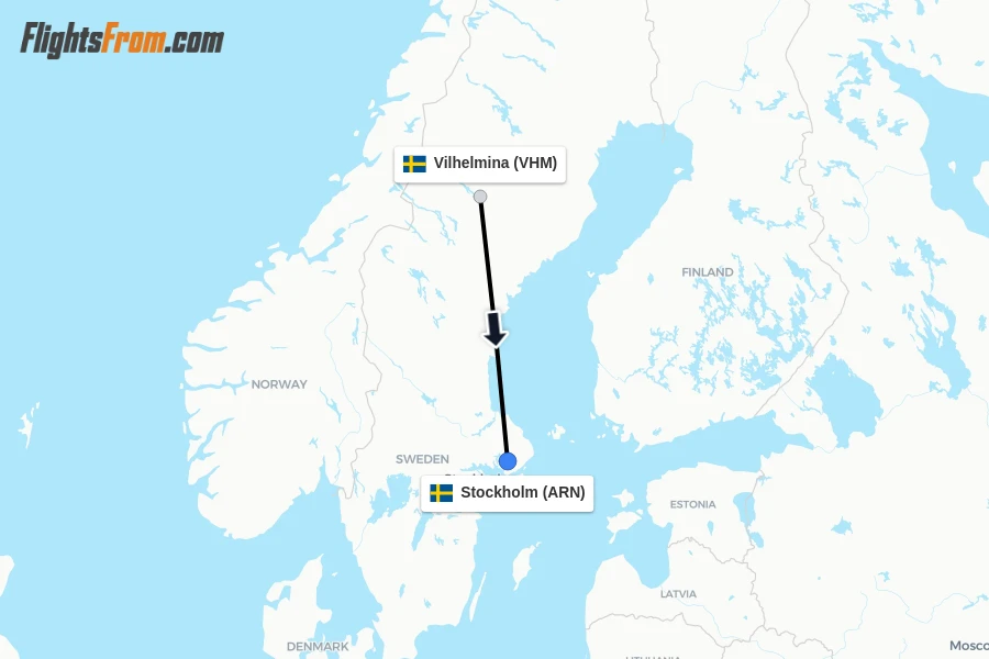 Flights from Vilhelmina to Stockholm route map