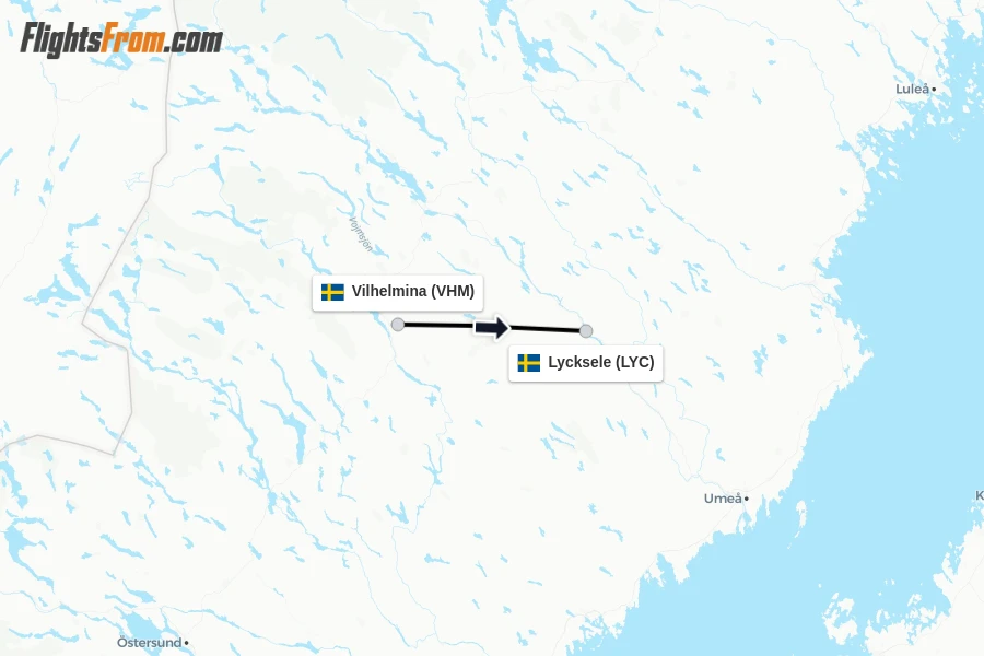 Flights from Vilhelmina to Lycksele route map