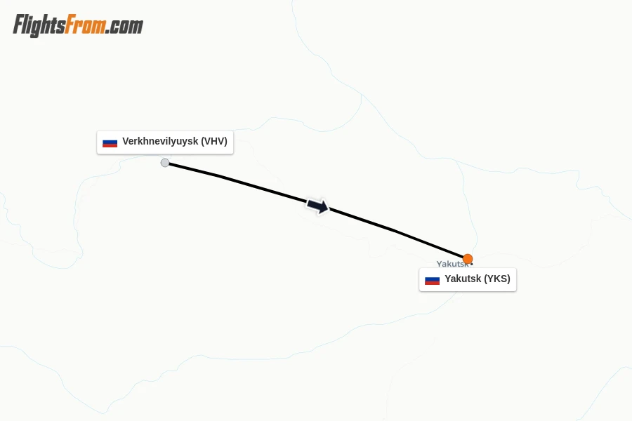 Flights from Verkhnevilyuysk to Yakutsk route map