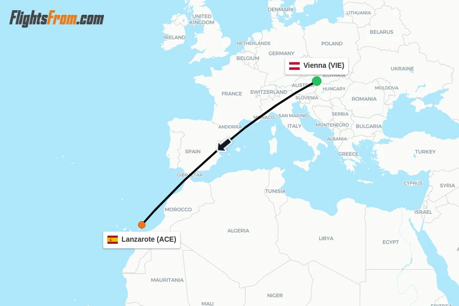 Flights from Vienna to Lanzarote route map
