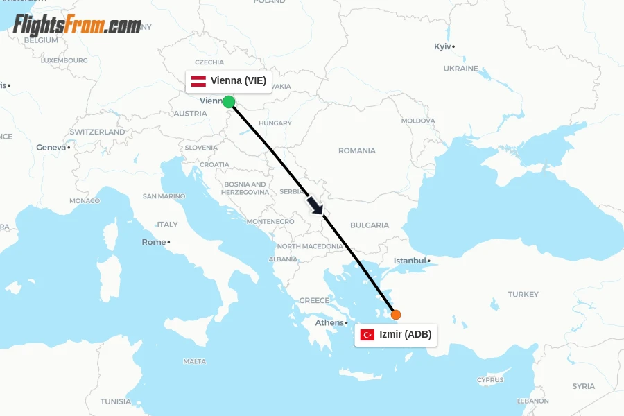 Flights from Vienna to Izmir route map