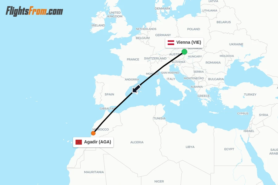 Flights from Vienna to Agadir route map