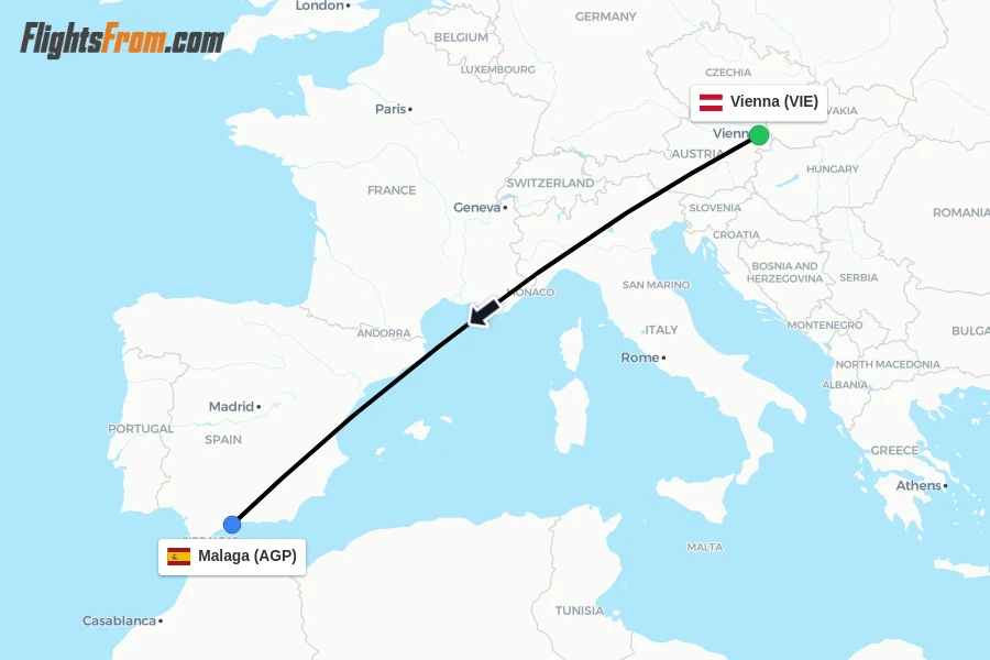 Flights from Vienna to Malaga route map