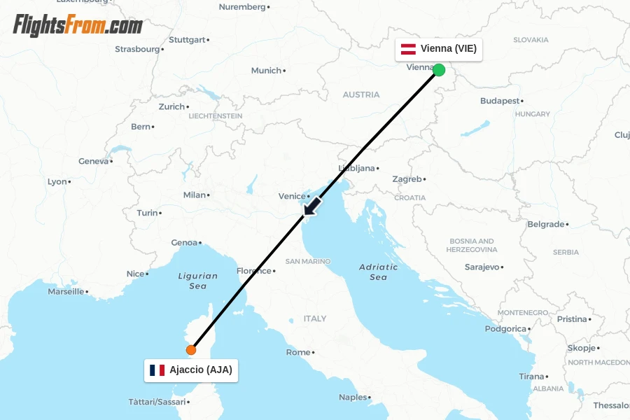 Flights from Vienna to Ajaccio route map
