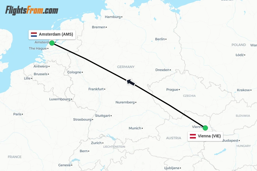 Flights from Vienna to Amsterdam route map