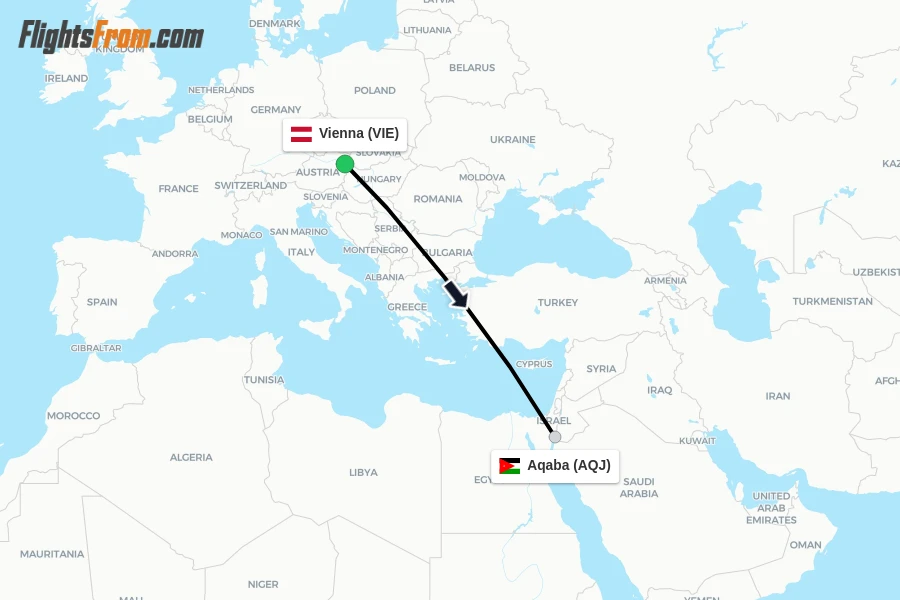 Flights from Vienna to Aqaba route map