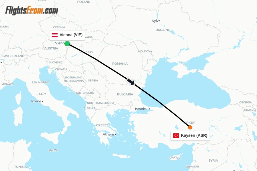 Flights from Vienna to Kayseri route map