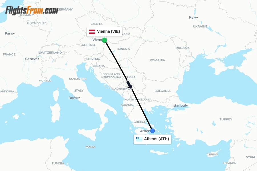 Flights from Vienna to Athens route map
