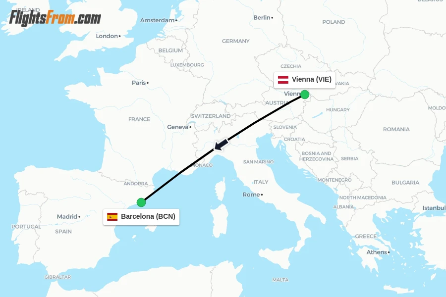 Flights from Vienna to Barcelona route map
