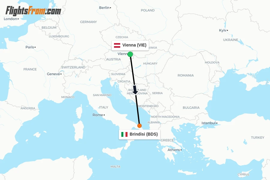 Flights from Vienna to Brindisi route map