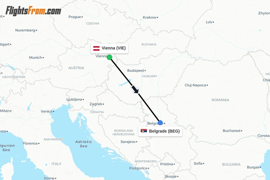 Flights from Vienna to Belgrade route map