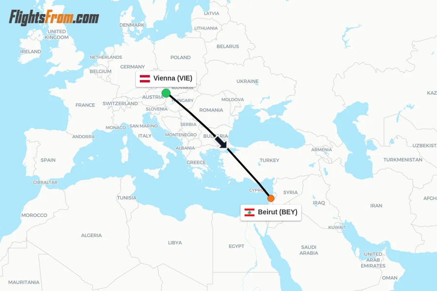 Flights from Vienna to Beirut route map