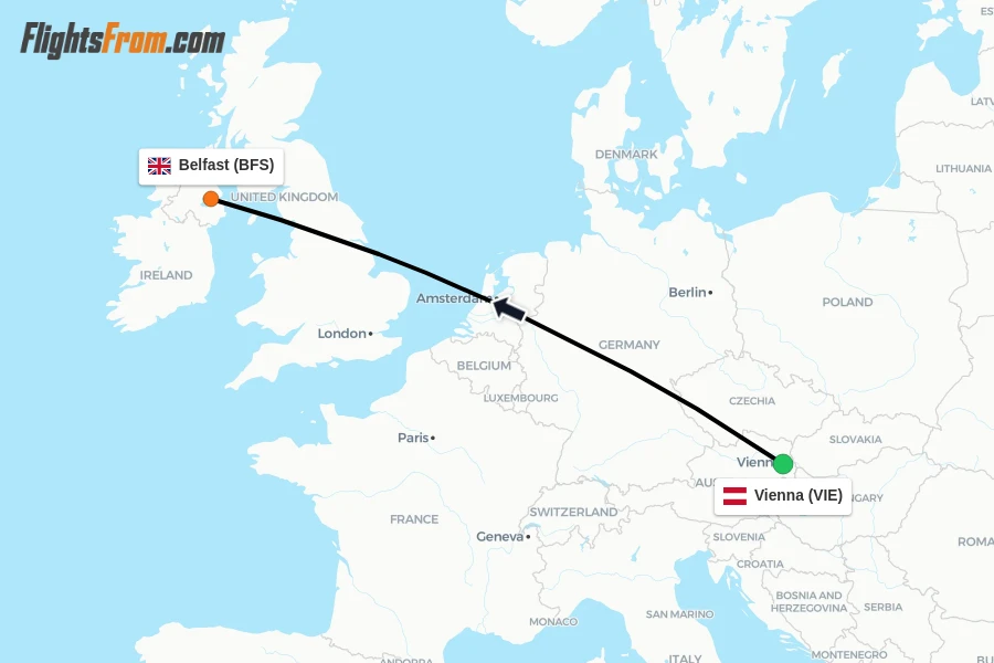 Flights from Vienna to Belfast route map
