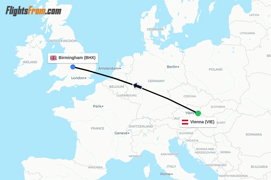 Flights from Vienna to Birmingham route map