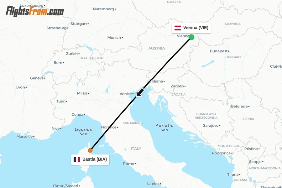 Flights from Vienna to Bastia route map