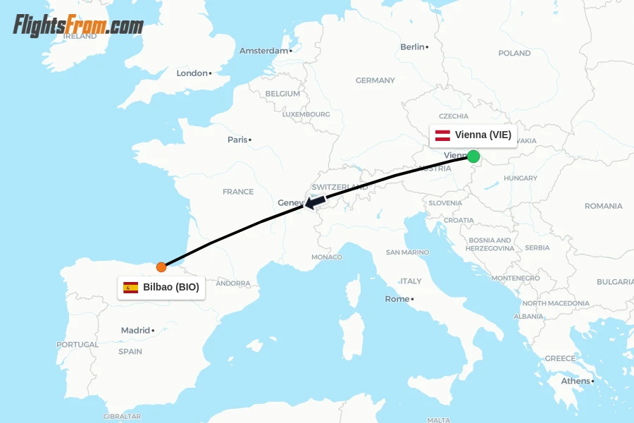 Flights from Vienna to Bilbao route map