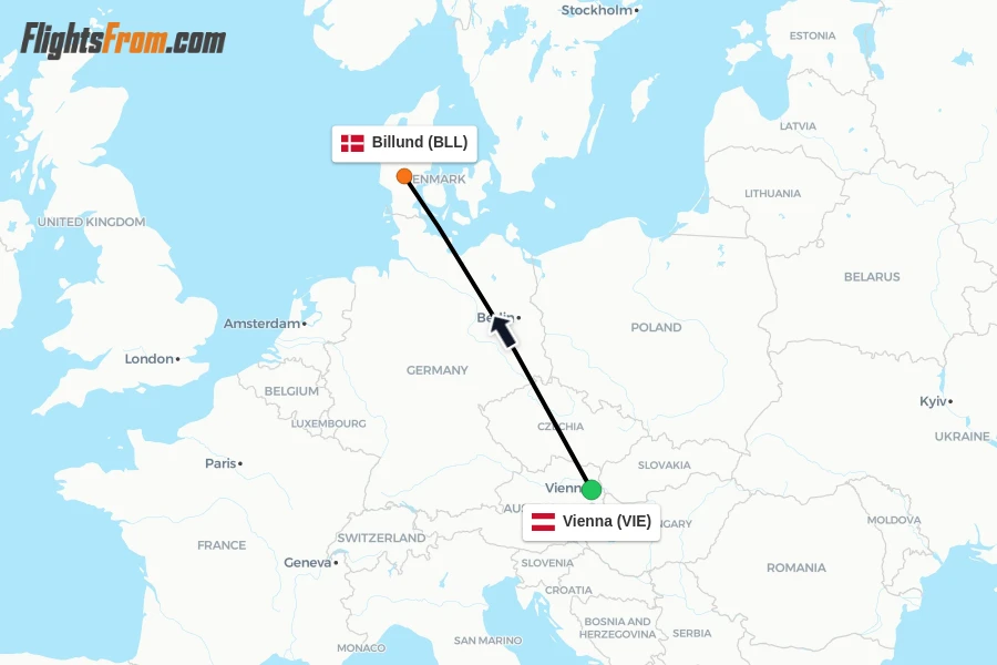 Flights from Vienna to Billund route map