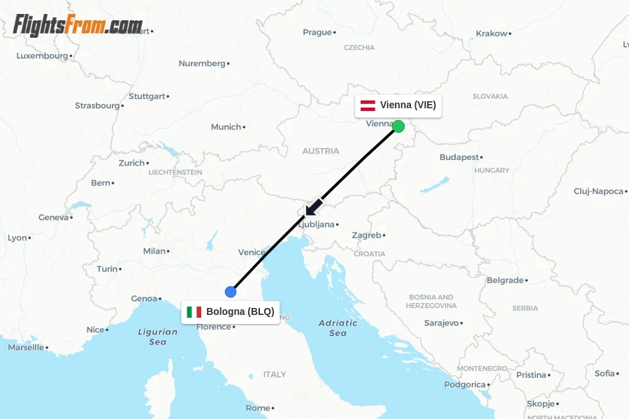 Flights from Vienna to Bologna route map