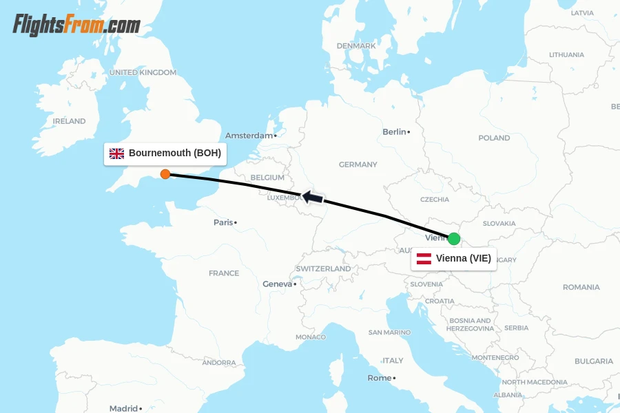 Flights from Vienna to Bournemouth route map