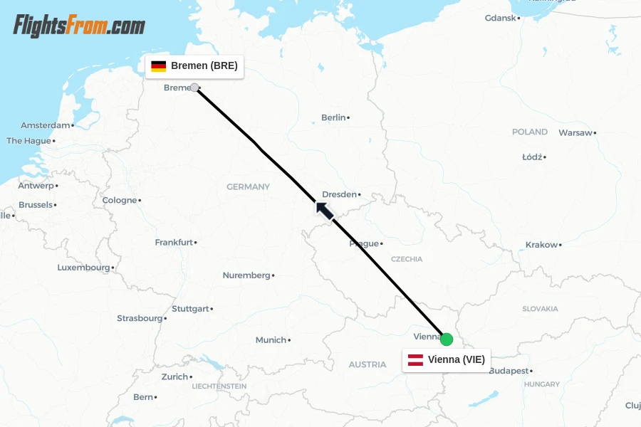 Flights from Vienna to Bremen route map