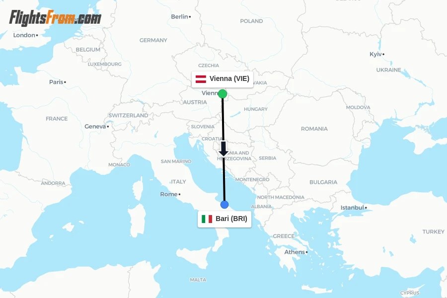 Flights from Vienna to Bari route map