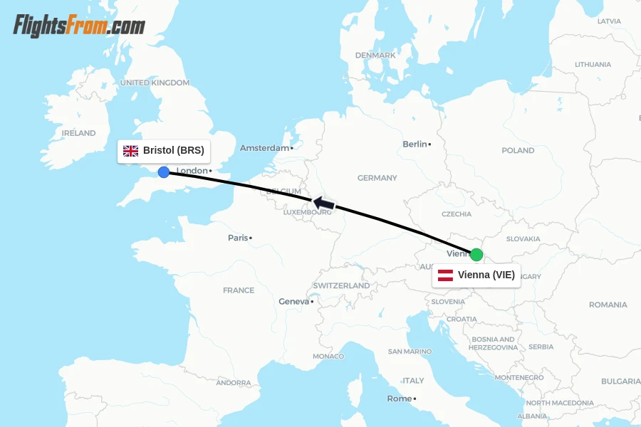 Flights from Vienna to Bristol route map