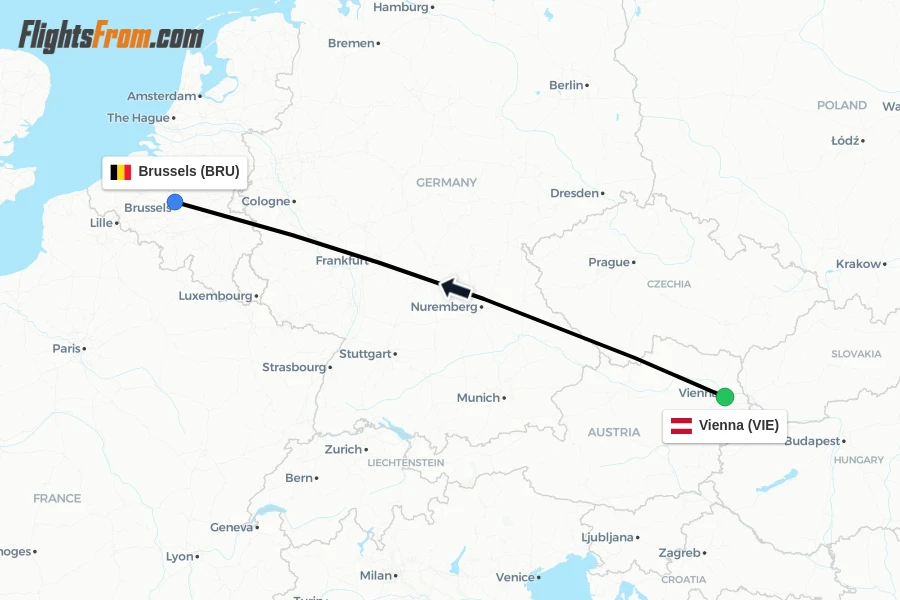 Flights from Vienna to Brussels route map