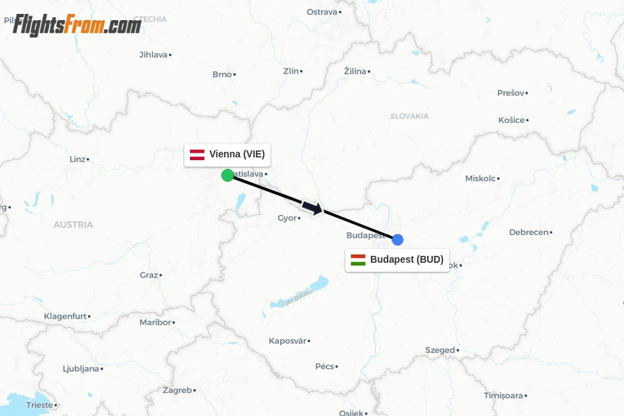 Flights from Vienna to Budapest route map