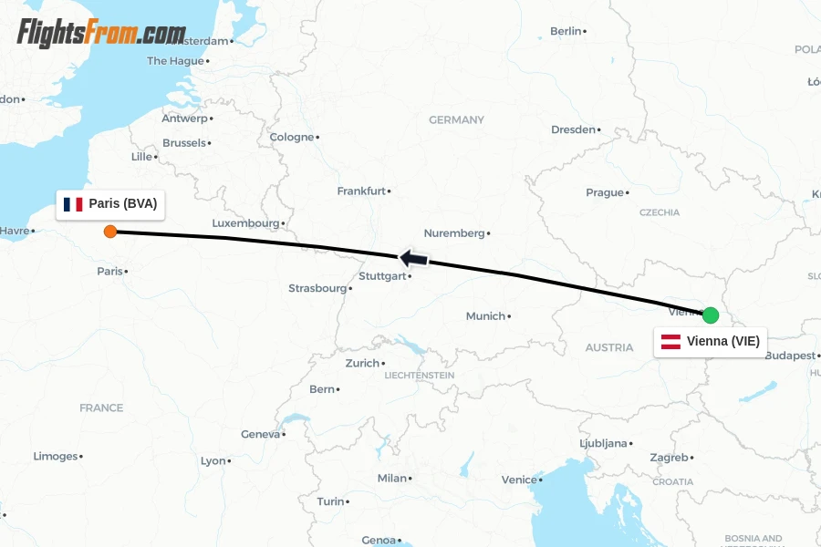 Flights from Vienna to Paris route map