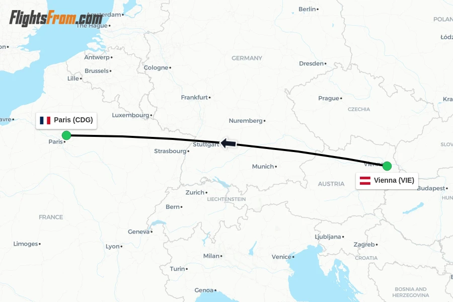 Flights from Vienna to Paris route map