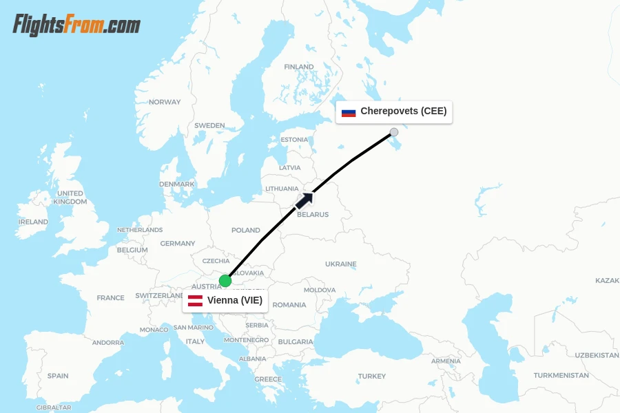 Flights from Vienna to Cherepovets route map