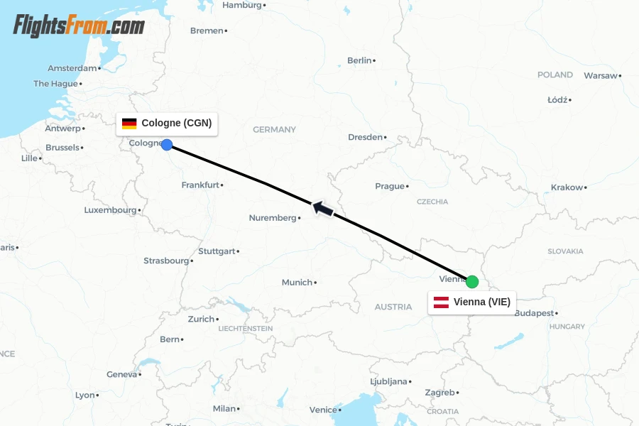 Flights from Vienna to Cologne route map