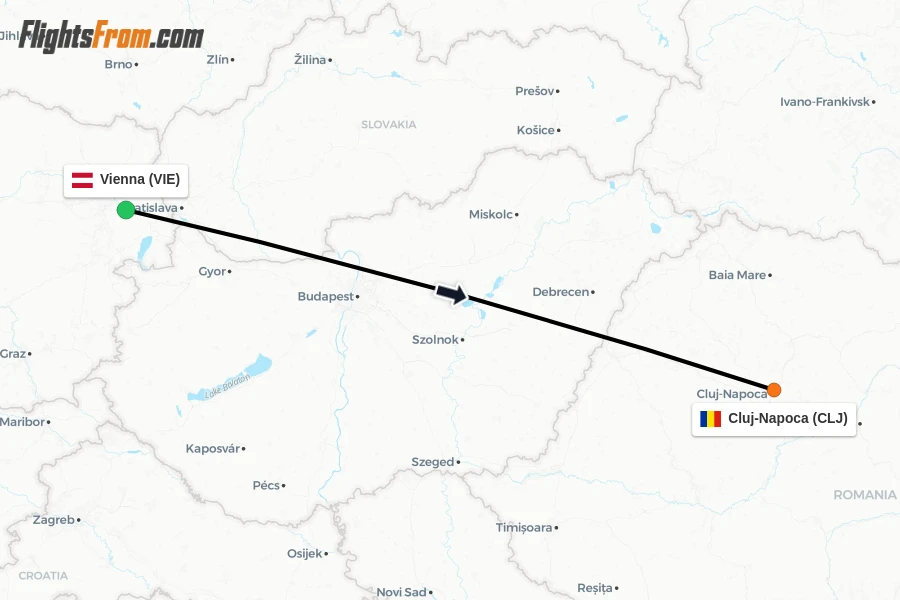 Flights from Vienna to Cluj-Napoca route map