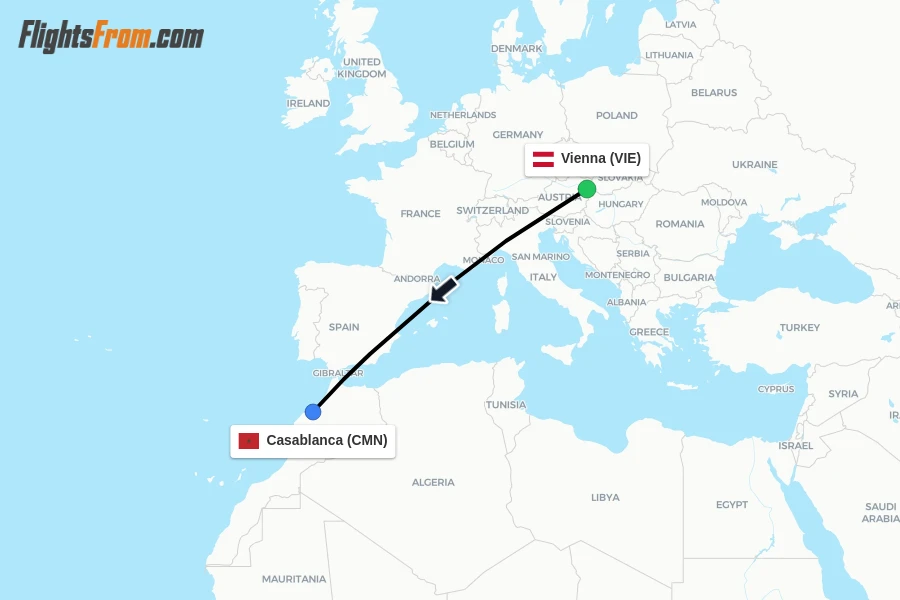 Flights from Vienna to Casablanca route map