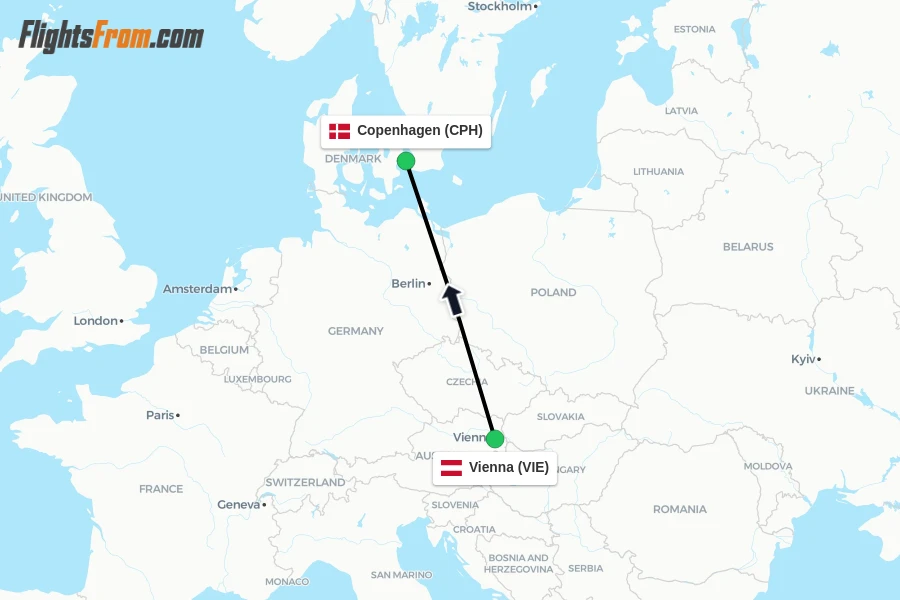 Flights from Vienna to Copenhagen route map