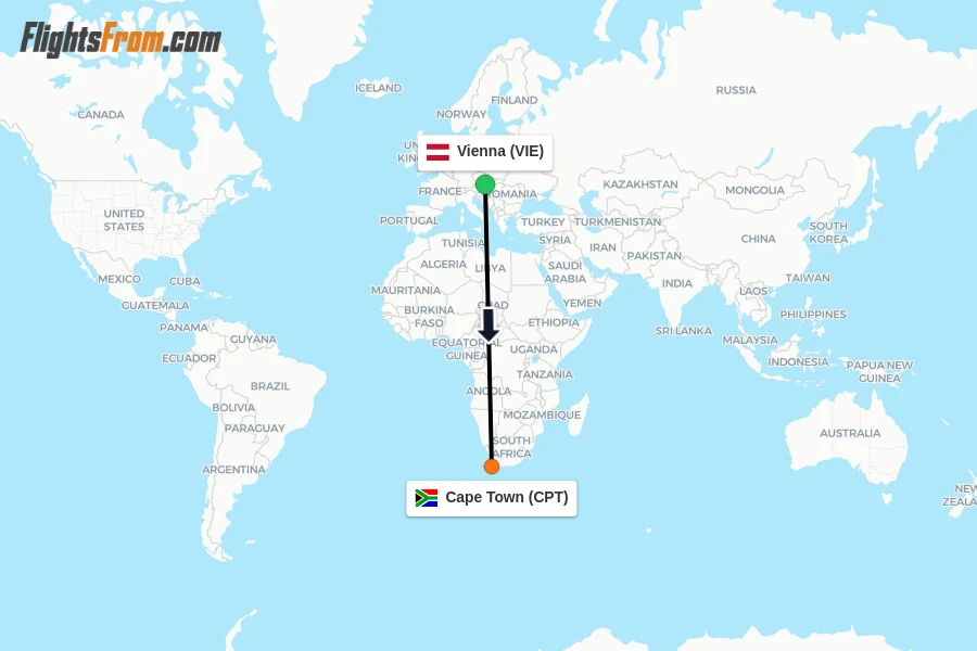 Flights from Vienna to Cape Town route map