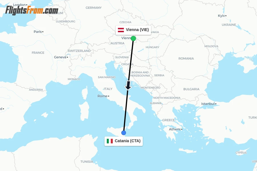 Flights from Vienna to Catania route map