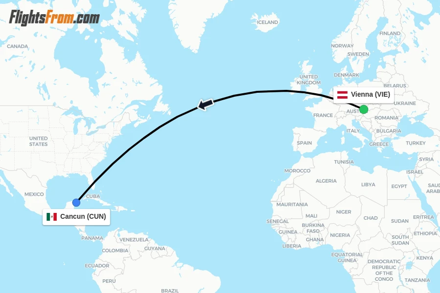 Flights from Vienna to Cancun route map