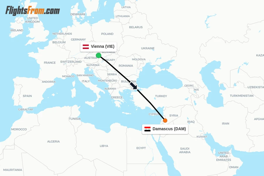 Flights from Vienna to Damascus route map