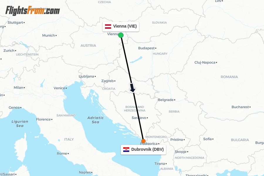 Flights from Vienna to Dubrovnik route map
