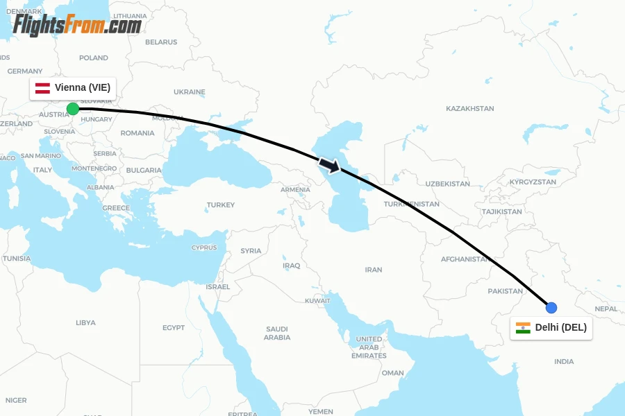 Flights from Vienna to Delhi route map