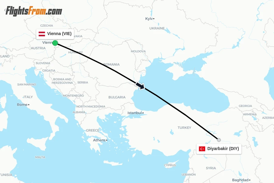 Flights from Vienna to Diyarbakir route map