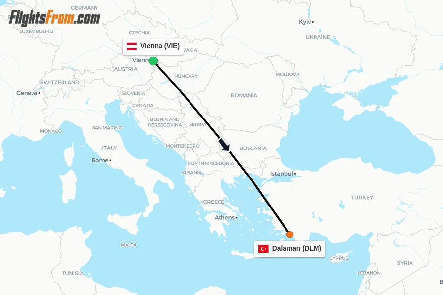 Flights from Vienna to Dalaman route map